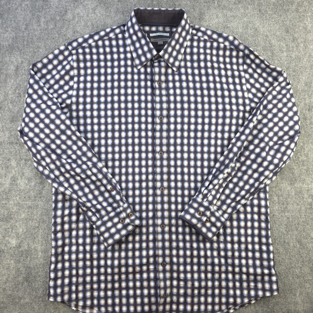 Johnston Murphy Shirt Large  Tailored‎ Fit Blue Check Long Sleeve Button Up